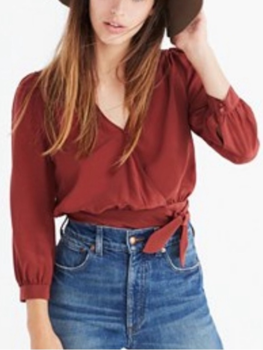Madewell women’s Rust Red 100% silk Wrap Tie Blouse